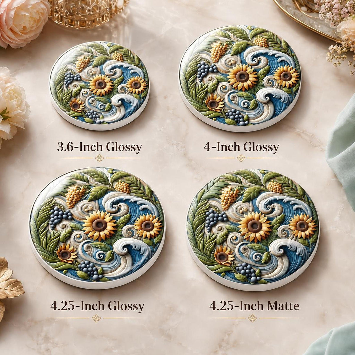 Sunflower Coaster, Smooth Ceramic Drink Mat with Botanical Design