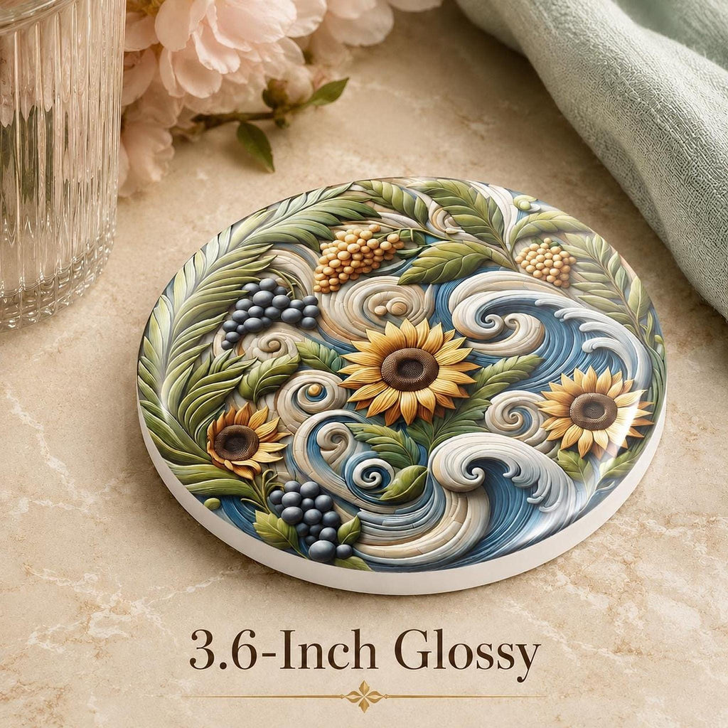 Sunflower Coaster, Smooth Ceramic Drink Mat with Botanical Design