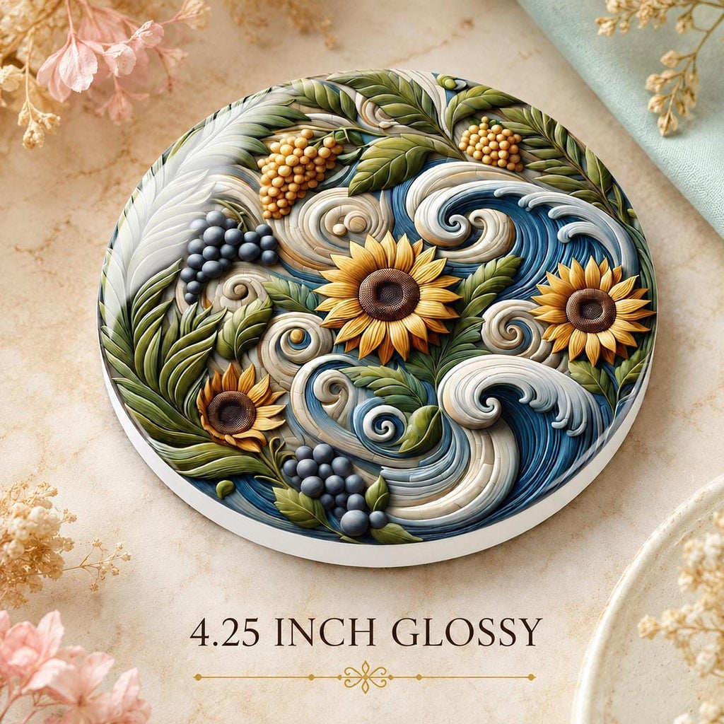Sunflower Coaster, Smooth Ceramic Drink Mat with Botanical Design