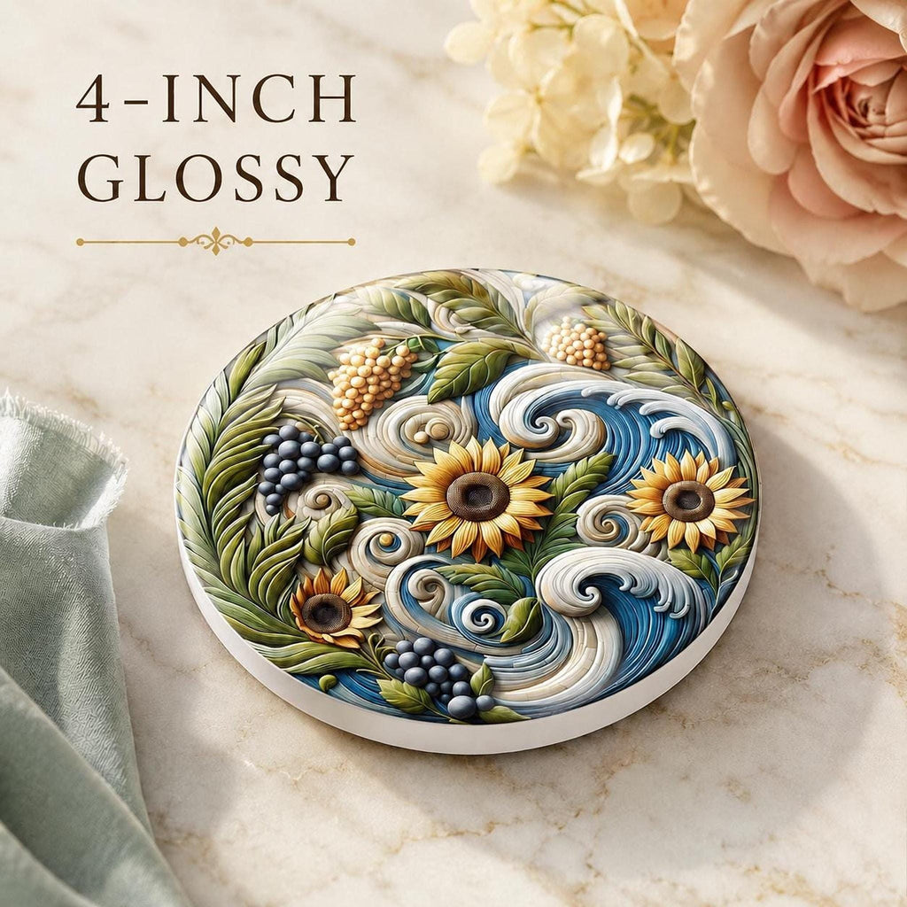 Sunflower Coaster, Smooth Ceramic Drink Mat with Botanical Design