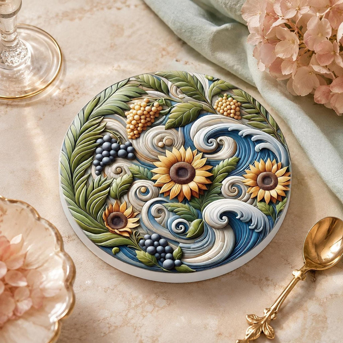 Sunflower Coaster, Smooth Ceramic Drink Mat with Botanical Design