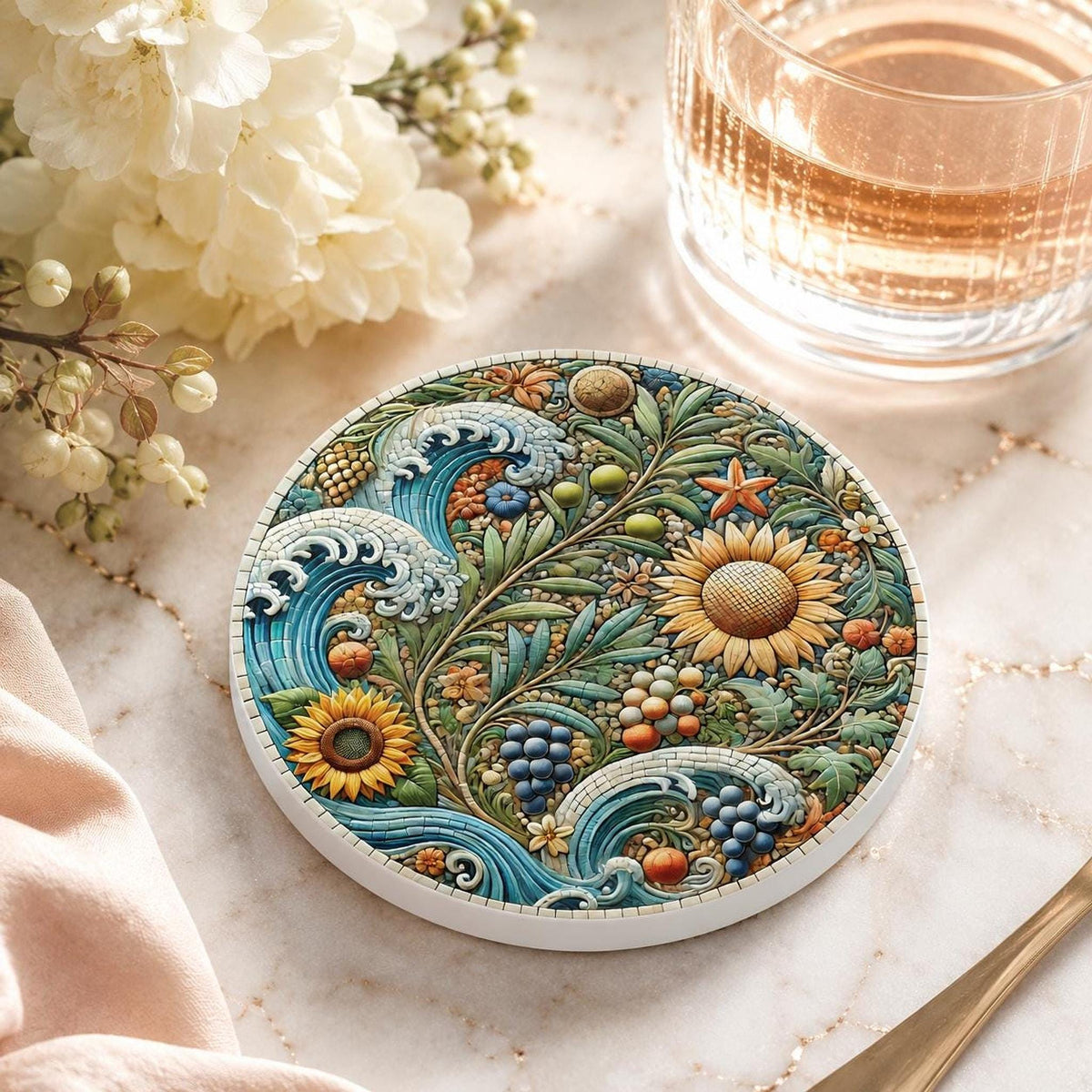 Sunflower Coaster, Ceramic Drink Mat with Coastal Botanical Design