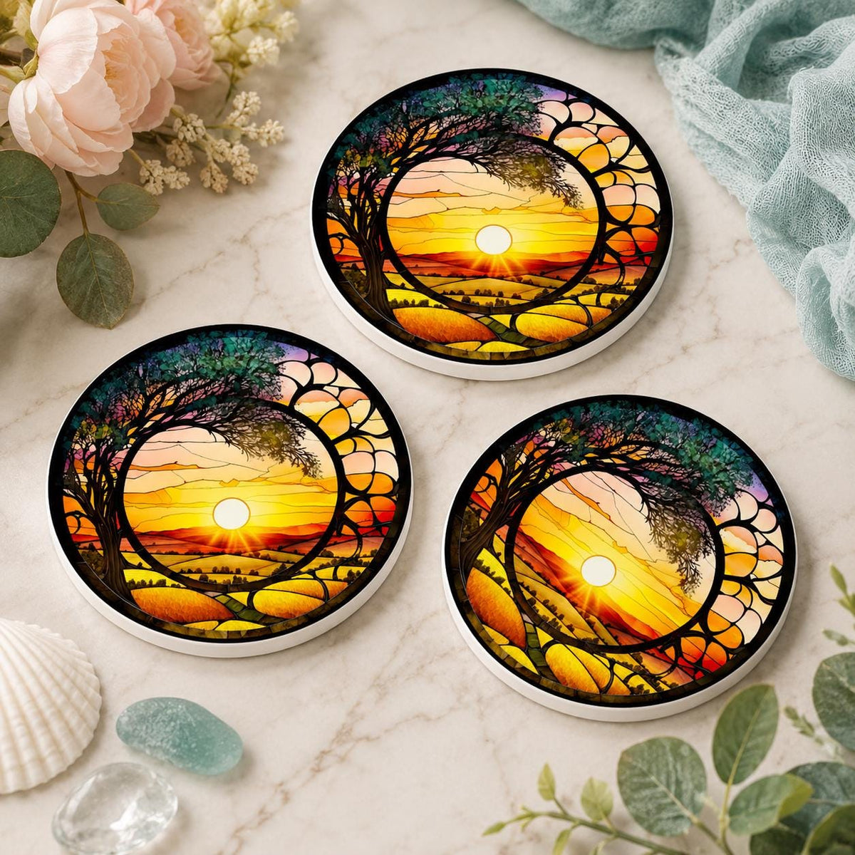 Sunrise Sunset Ceramic Coaster: Printed Design, Nature Home Decor
