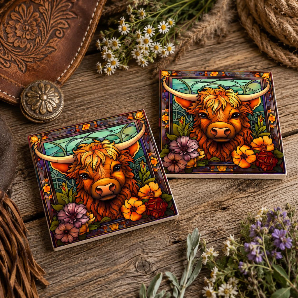 Highland Cow Square Ceramic Coaster, Glossy Western Ranch Drink Decor