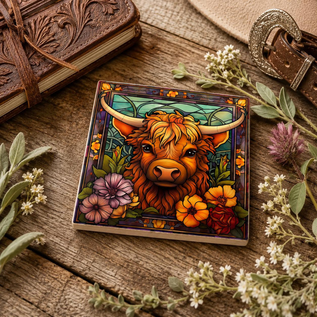 Highland Cow Square Ceramic Coaster, Glossy Western Ranch Drink Decor