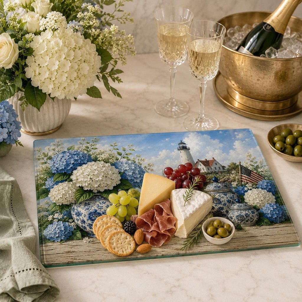 Glass Cutting Board with Blue Hydrangea Design, Coastal Lighthouse Charcuterie