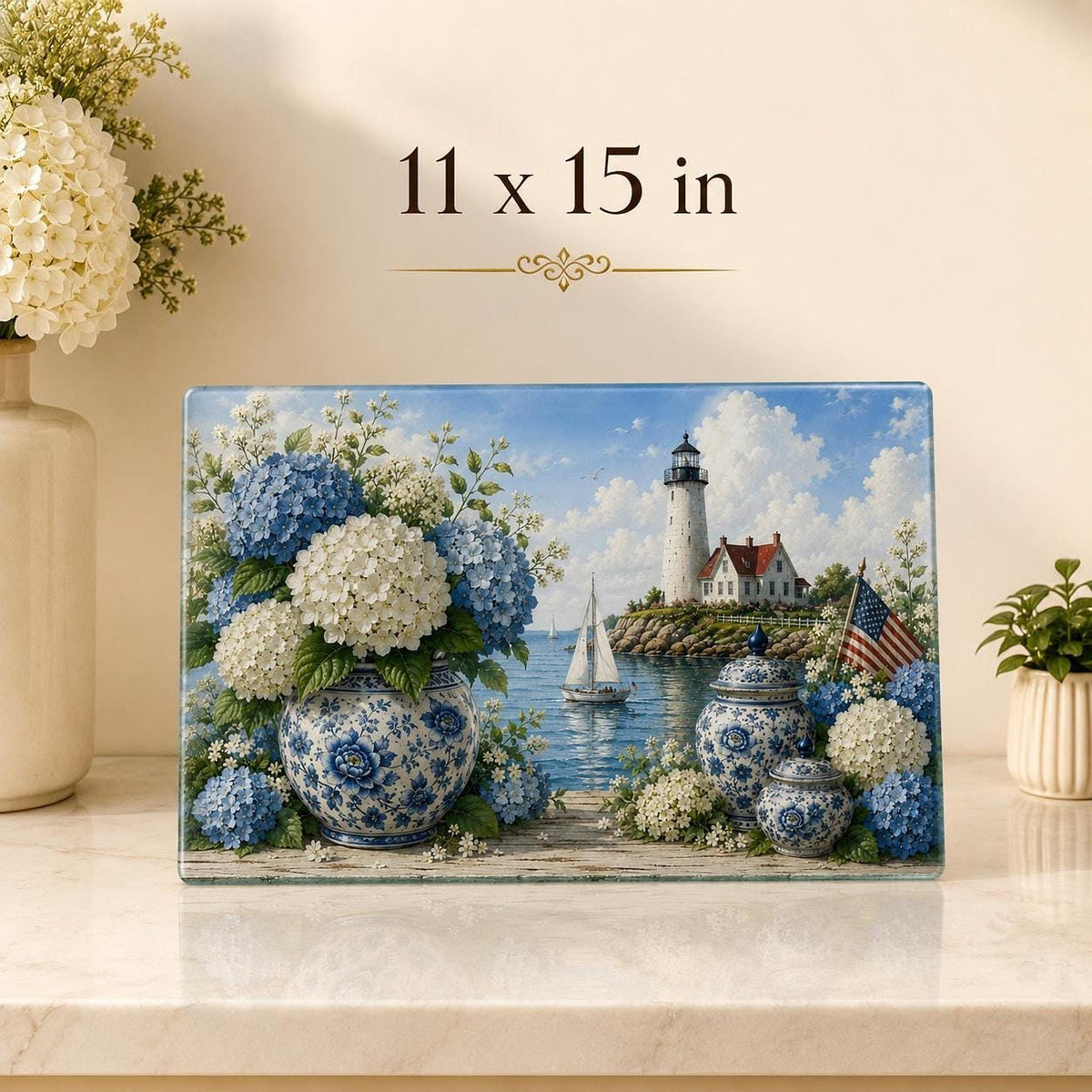 Glass Cutting Board with Blue Hydrangea Design, Coastal Lighthouse Charcuterie