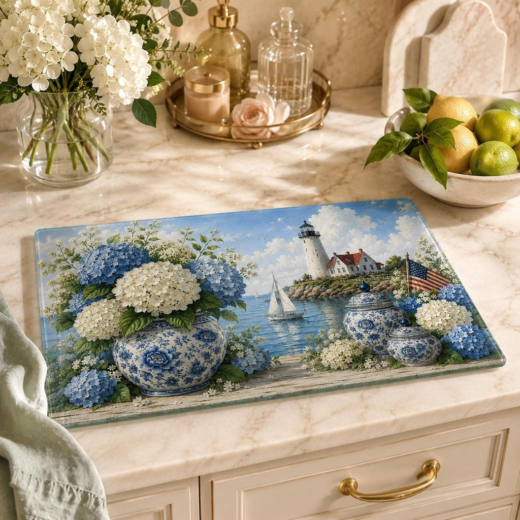 Glass Cutting Board with Blue Hydrangea Design, Coastal Lighthouse Charcuterie