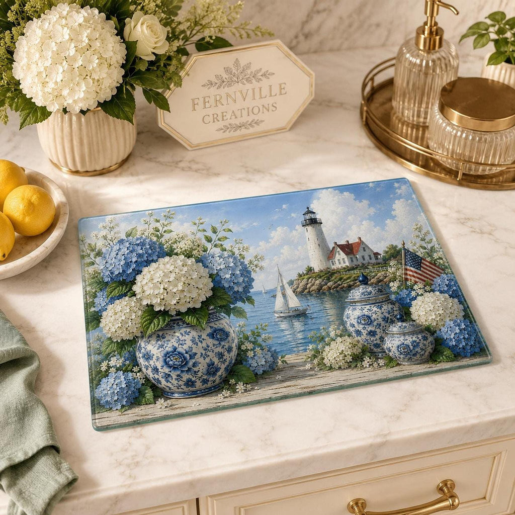 Glass Cutting Board with Blue Hydrangea Design, Coastal Lighthouse Charcuterie
