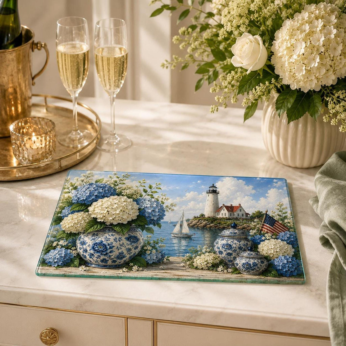 Glass Cutting Board with Blue Hydrangea Design, Coastal Lighthouse Charcuterie