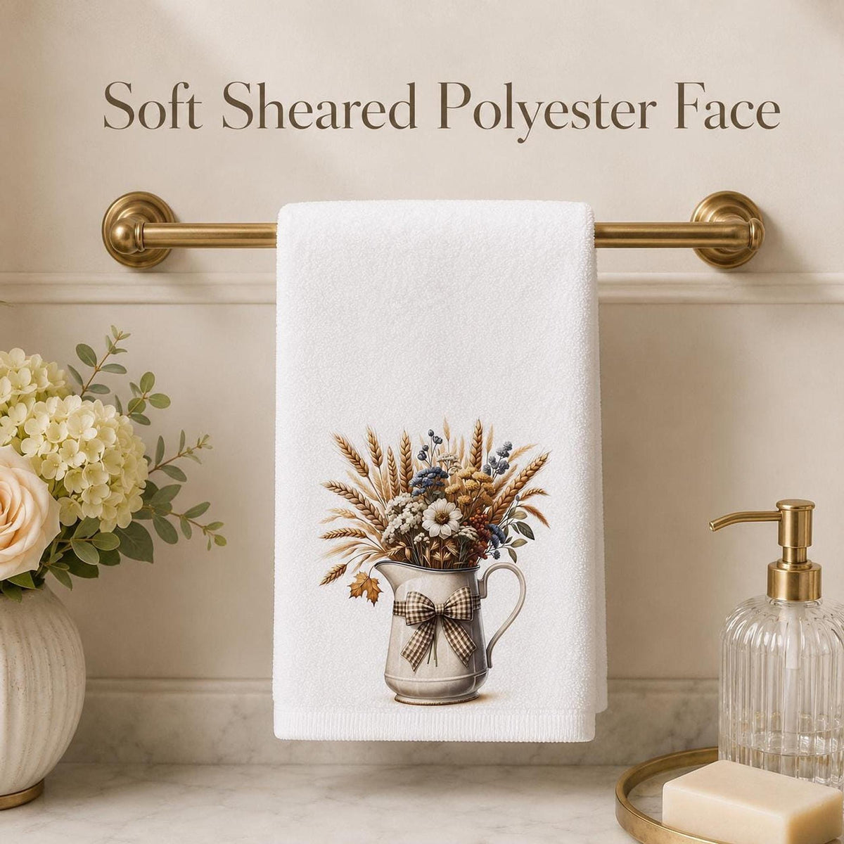 Fall Wheat Hand Towel, Farmhouse Floral Bathroom Decor, Vintage Pitcher Guest Bath Accent