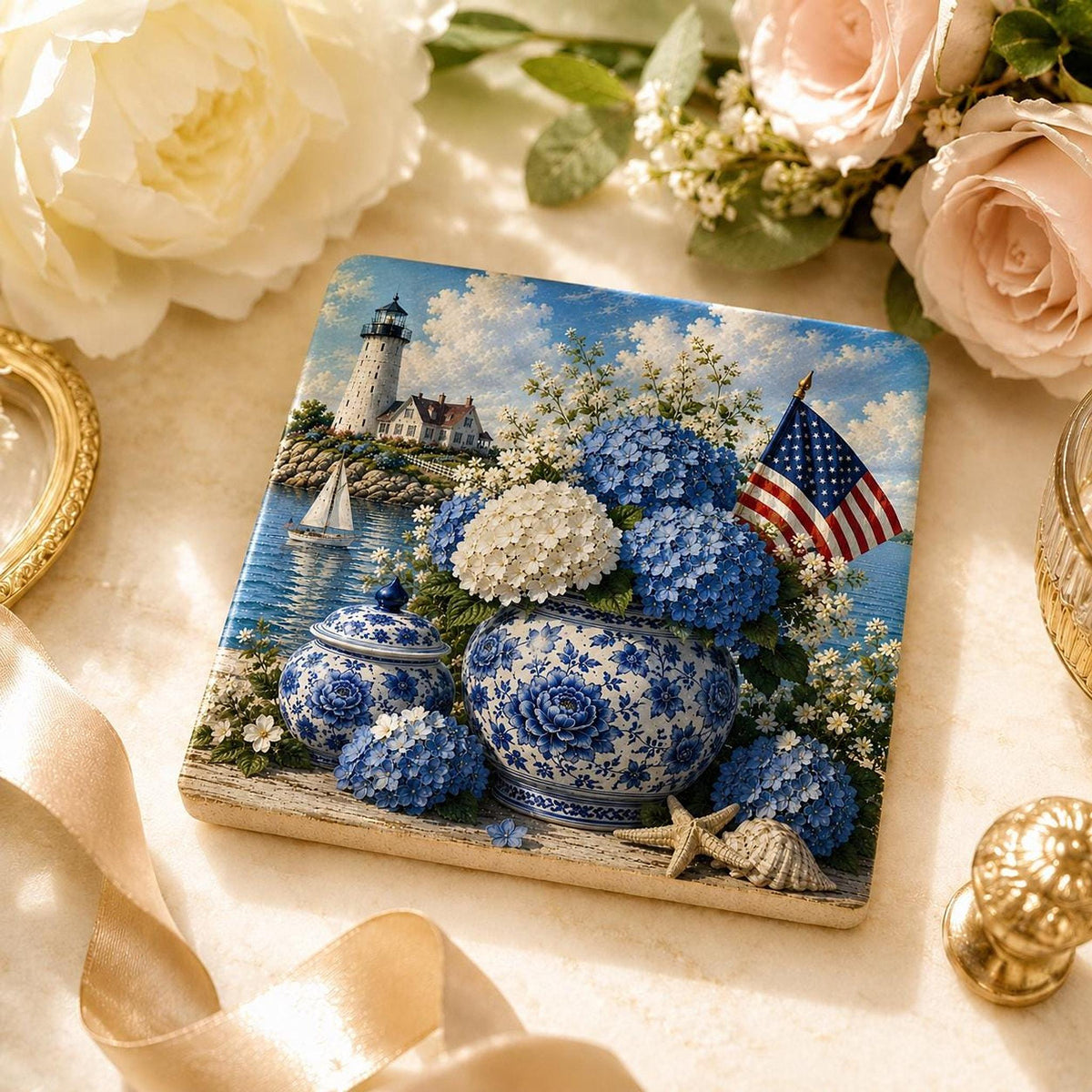 Coastal Coaster with Lighthouse and Blue Hydrangeas, Square Ceramic Drink Tile