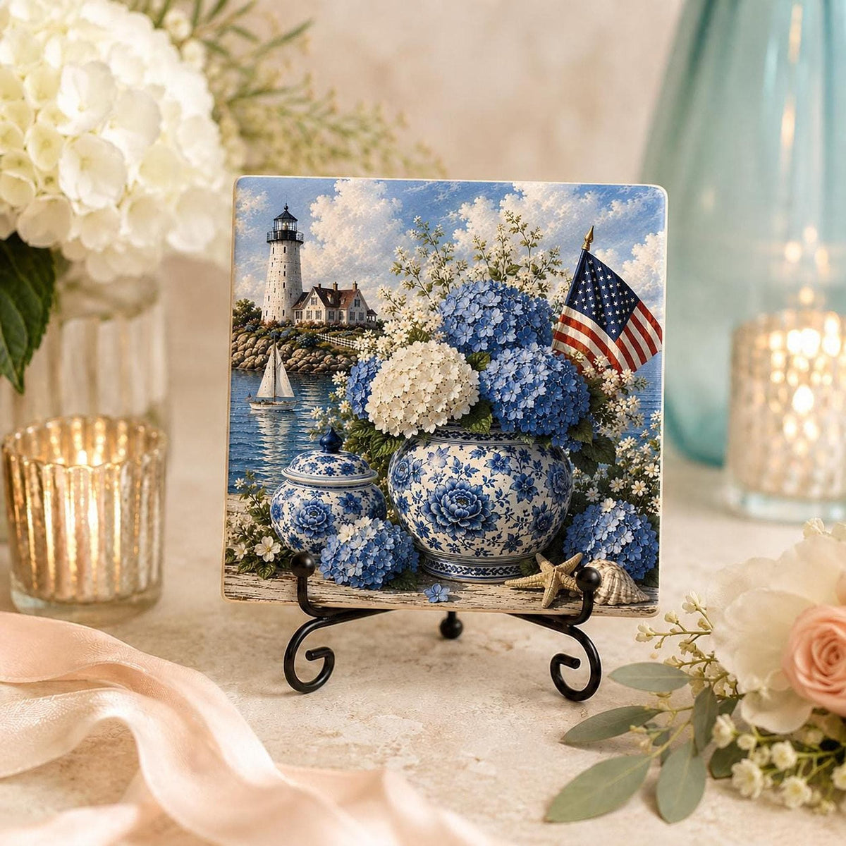 Coastal Coaster with Lighthouse and Blue Hydrangeas, Square Ceramic Drink Tile