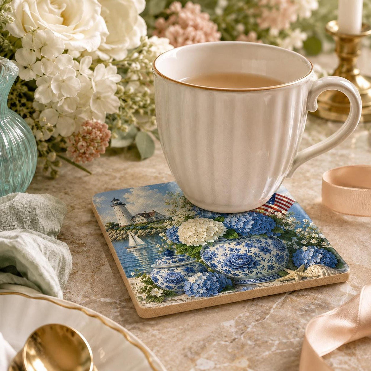 Coastal Coaster with Lighthouse and Blue Hydrangeas, Square Ceramic Drink Tile