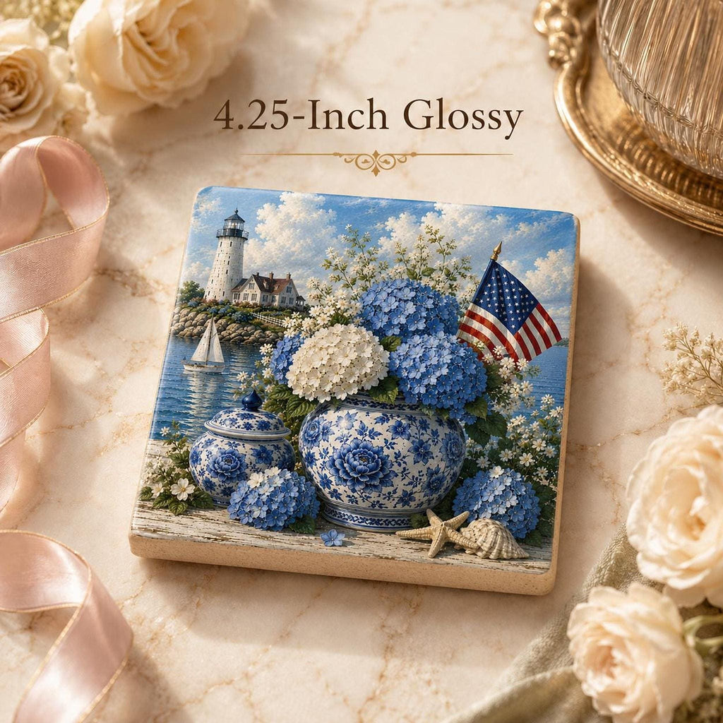 Coastal Coaster with Lighthouse and Blue Hydrangeas, Square Ceramic Drink Tile