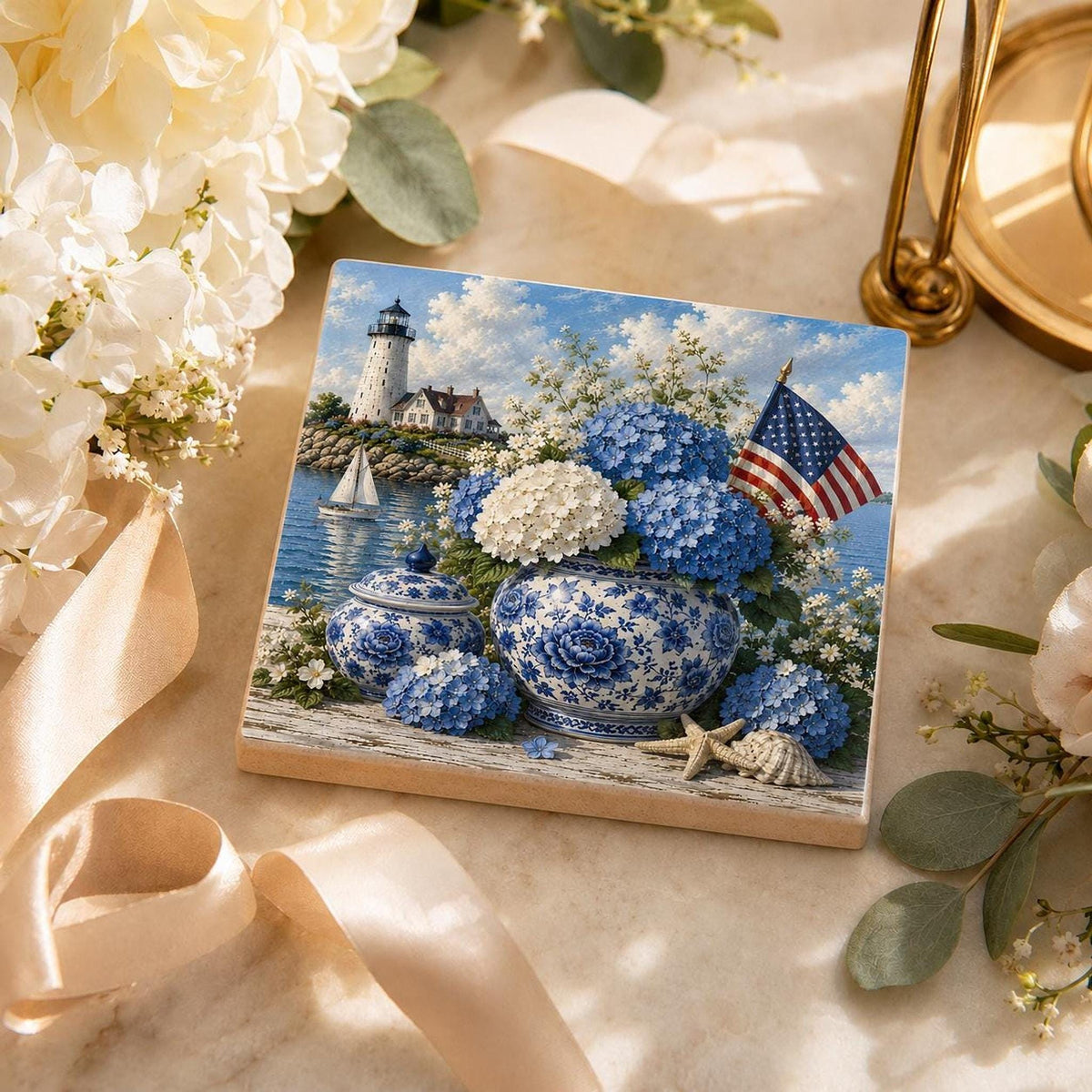 Coastal Coaster with Lighthouse and Blue Hydrangeas, Square Ceramic Drink Tile