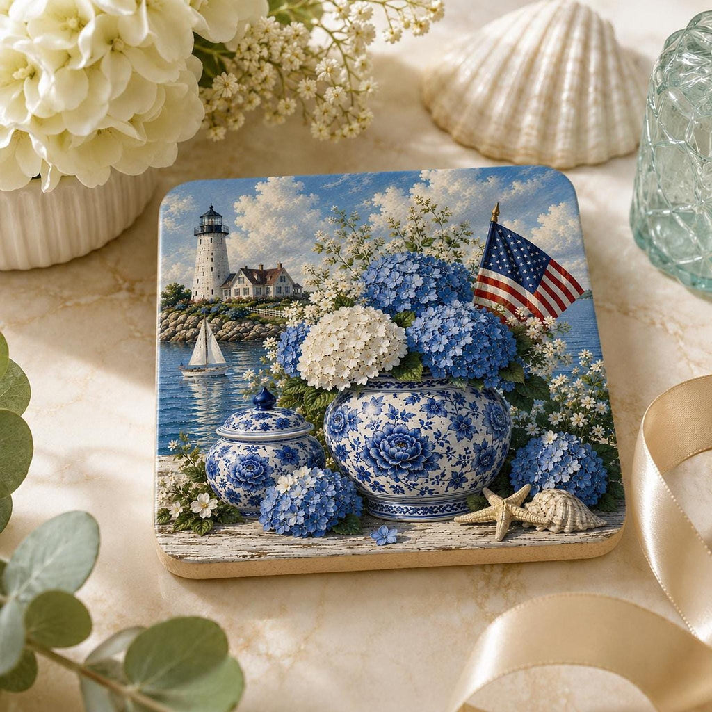 Coastal Coaster with Lighthouse and Blue Hydrangeas, Square Ceramic Drink Tile