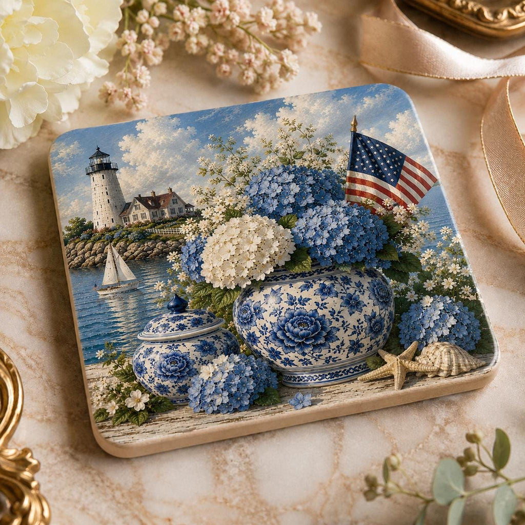 Coastal Coaster with Lighthouse and Blue Hydrangeas, Square Ceramic Drink Tile