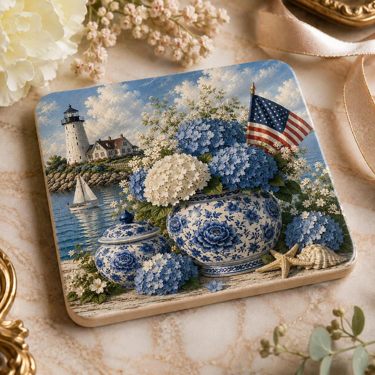 Coastal Coaster with Lighthouse and Blue Hydrangeas, Square Ceramic Drink Tile