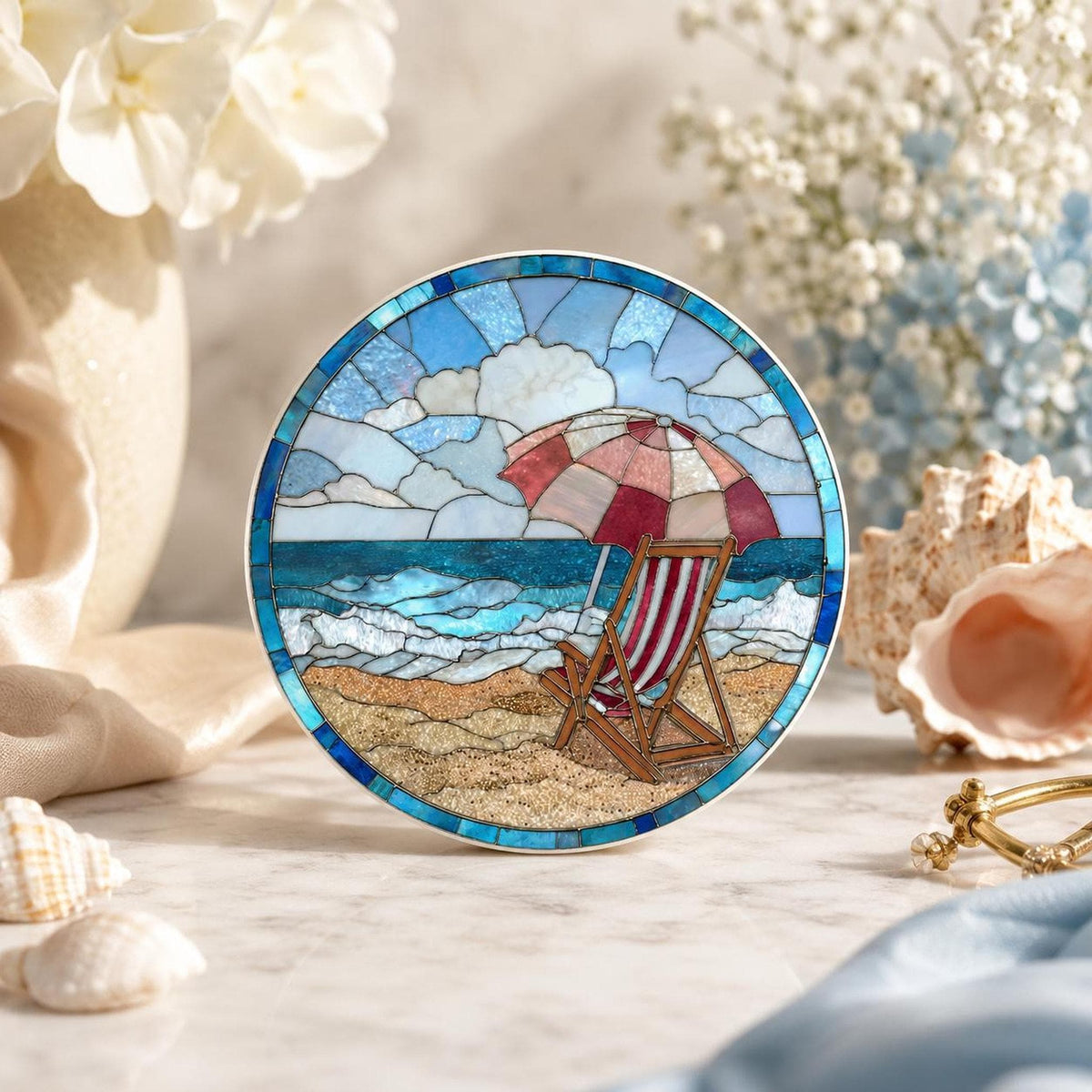 Beach Ceramic Coaster with Seaside Chair Design, Round Coastal Decor