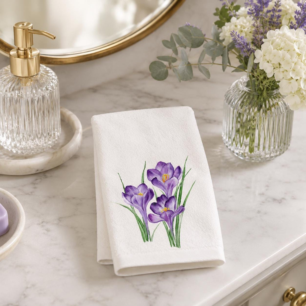 Purple Crocus Fingertip Towel, Spring Floral Guest Bath Decor
