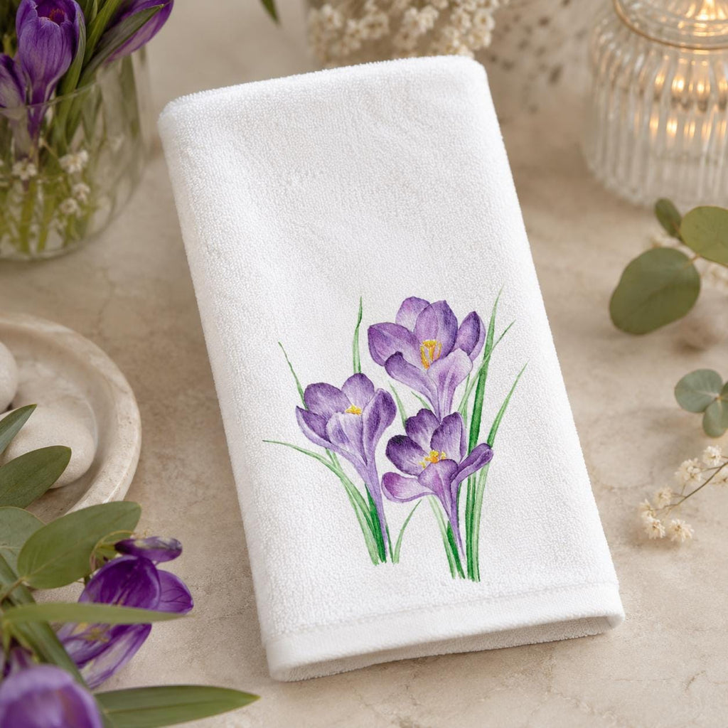 Purple Crocus Fingertip Towel, Spring Floral Guest Bath Decor