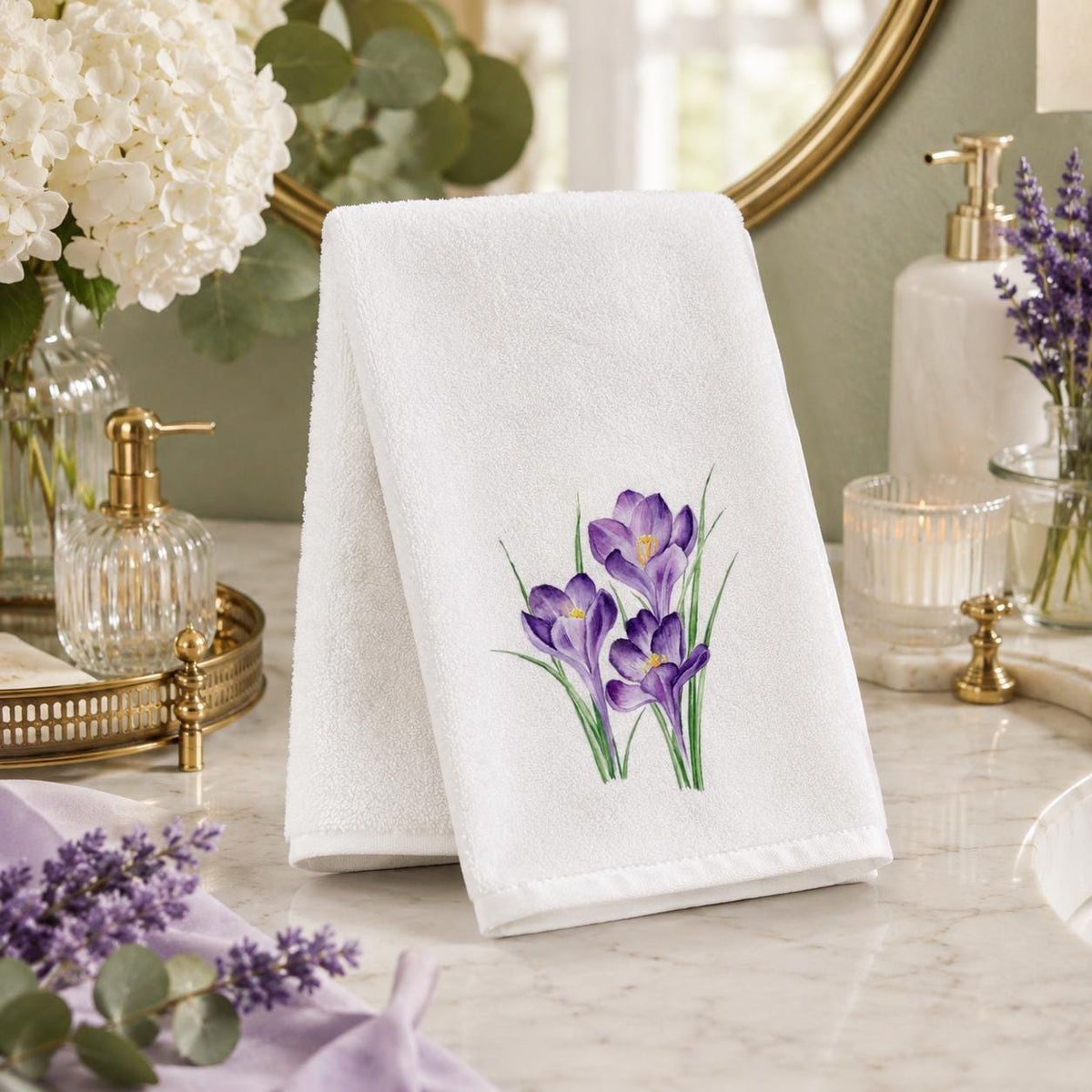 Purple Crocus Fingertip Towel, Spring Floral Guest Bath Decor