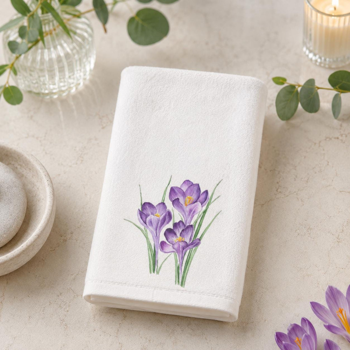 Purple Crocus Fingertip Towel, Spring Floral Guest Bath Decor