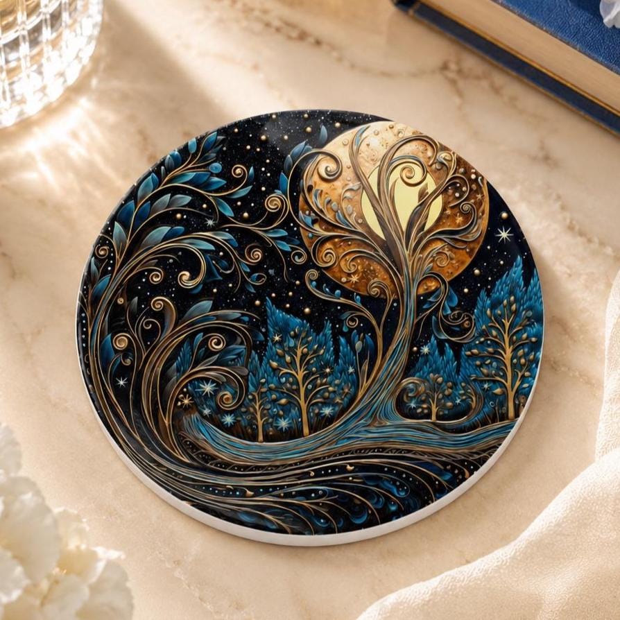 Moon Tree Ceramic Coaster, Blue Gold Celestial Forest Decor Gift