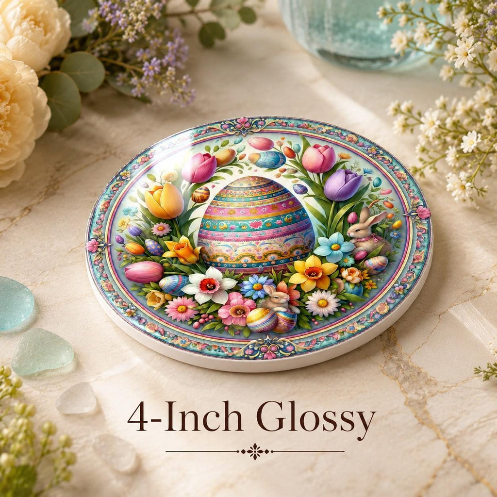 Easter Egg Ceramic Coaster, Spring Bunny Drink Mat, Floral Pastel Table Decor