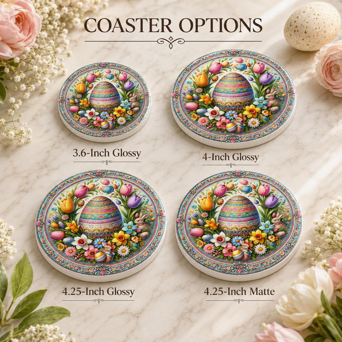 Easter Egg Ceramic Coaster, Spring Bunny Drink Mat, Floral Pastel Table Decor