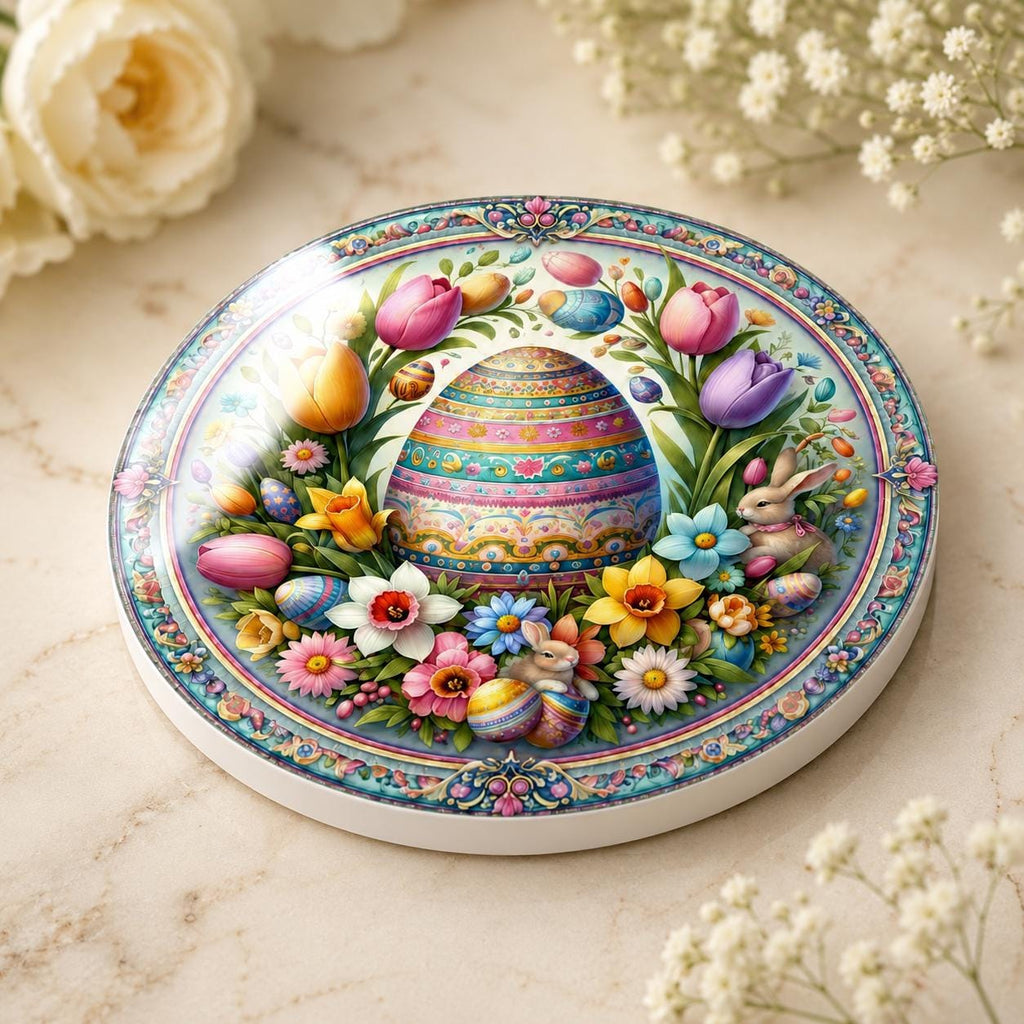 Easter Egg Ceramic Coaster, Spring Bunny Drink Mat, Floral Pastel Table Decor