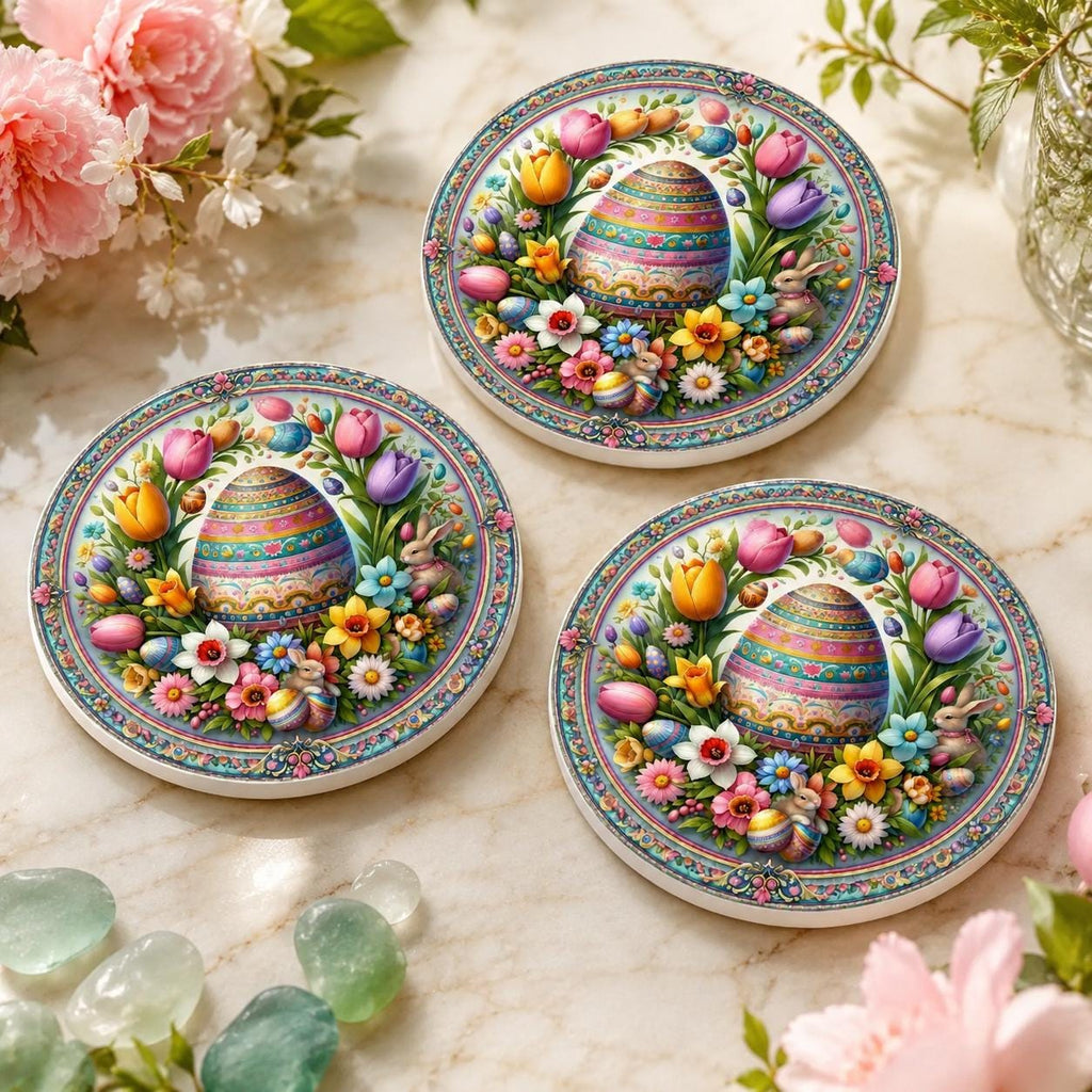 Easter Egg Ceramic Coaster, Spring Bunny Drink Mat, Floral Pastel Table Decor