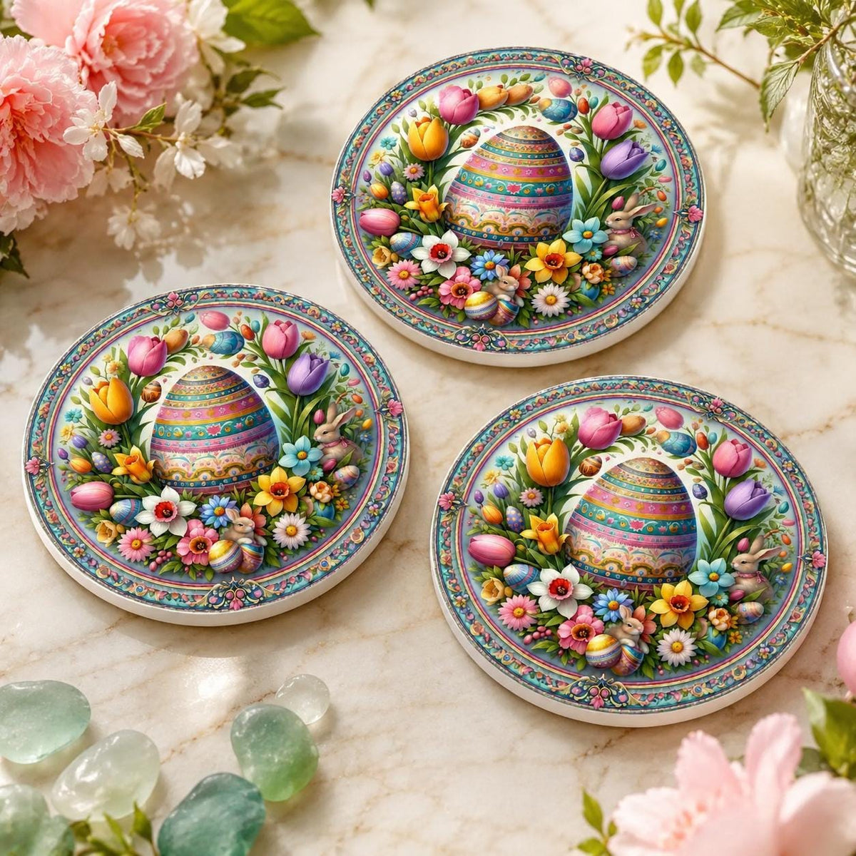 Easter Egg Ceramic Coaster, Spring Bunny Drink Mat, Floral Pastel Table Decor