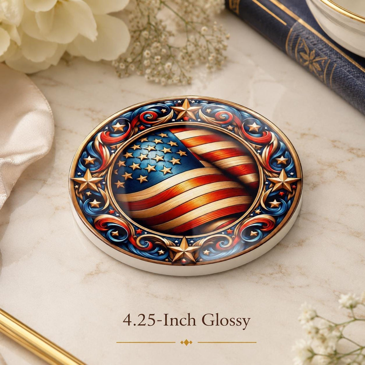 American Flag Ceramic Coaster, Patriotic Stars Art, Americana Drink Holder