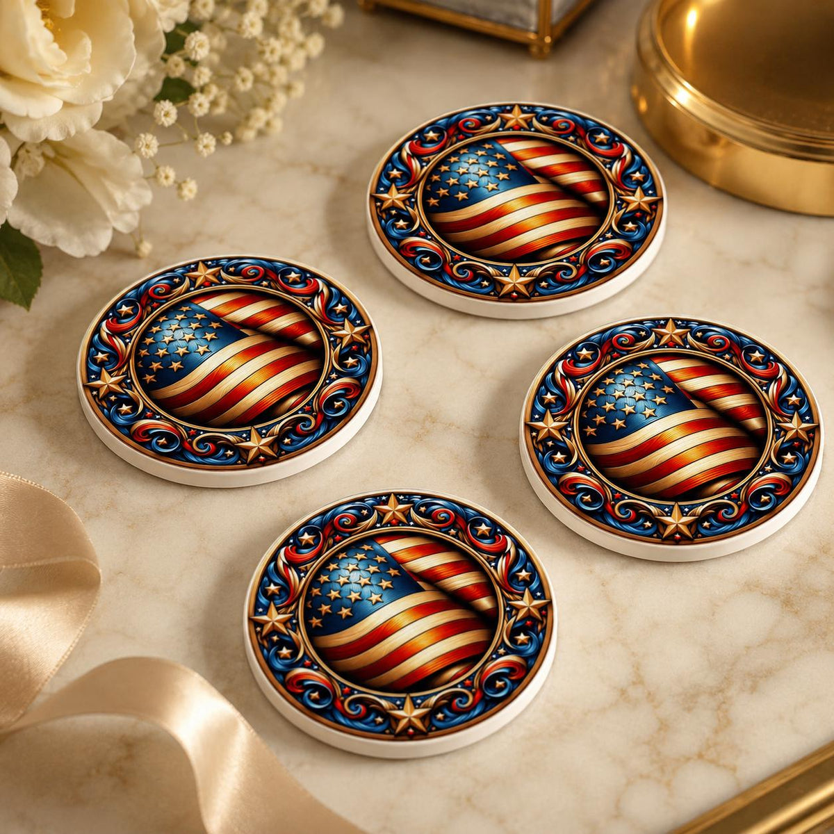 American Flag Ceramic Coaster, Patriotic Stars Art, Americana Drink Holder