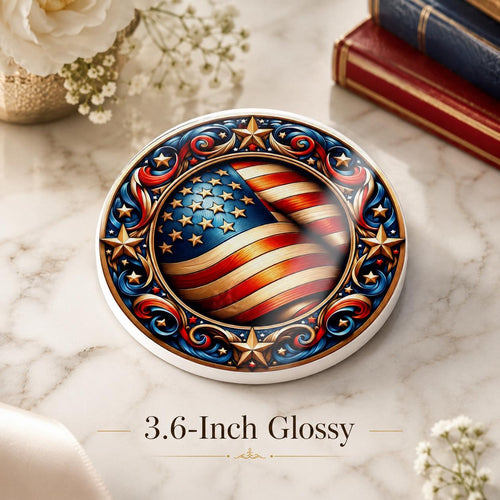 American Flag Ceramic Coaster, Patriotic Stars Art, Americana Drink Holder