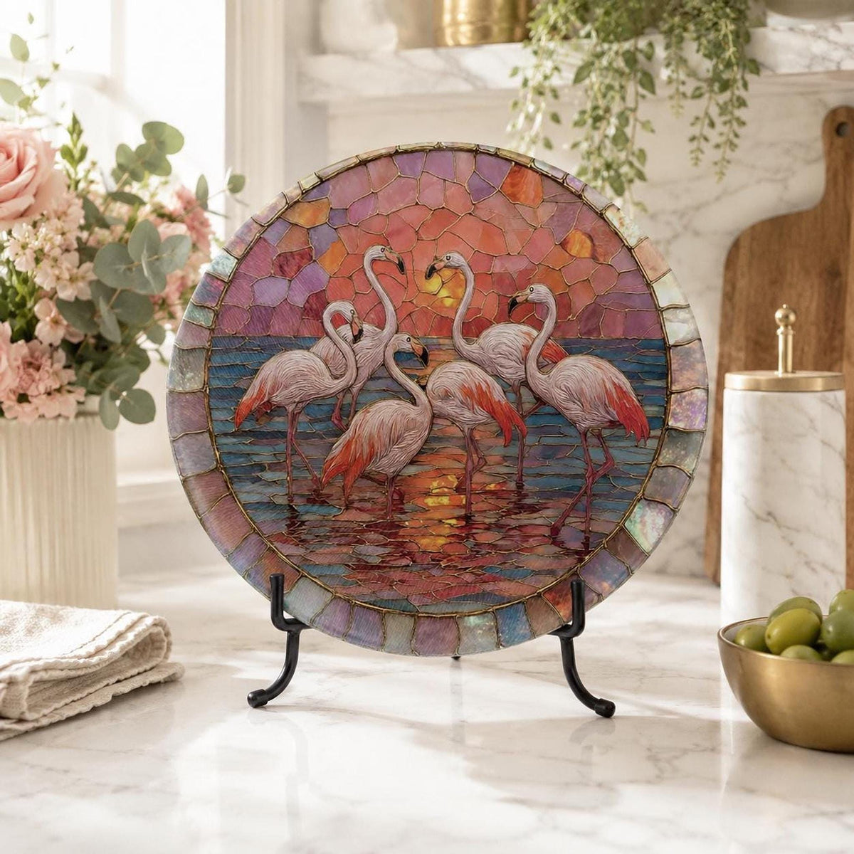 Flamingo Sunset Glass Cutting Board, Round Tempered Charcuterie Tray