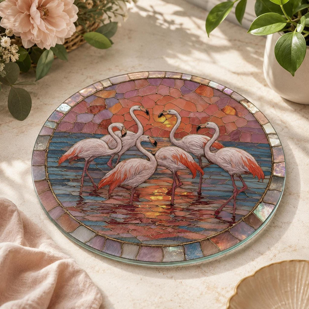Flamingo Sunset Glass Cutting Board, Round Tempered Charcuterie Tray