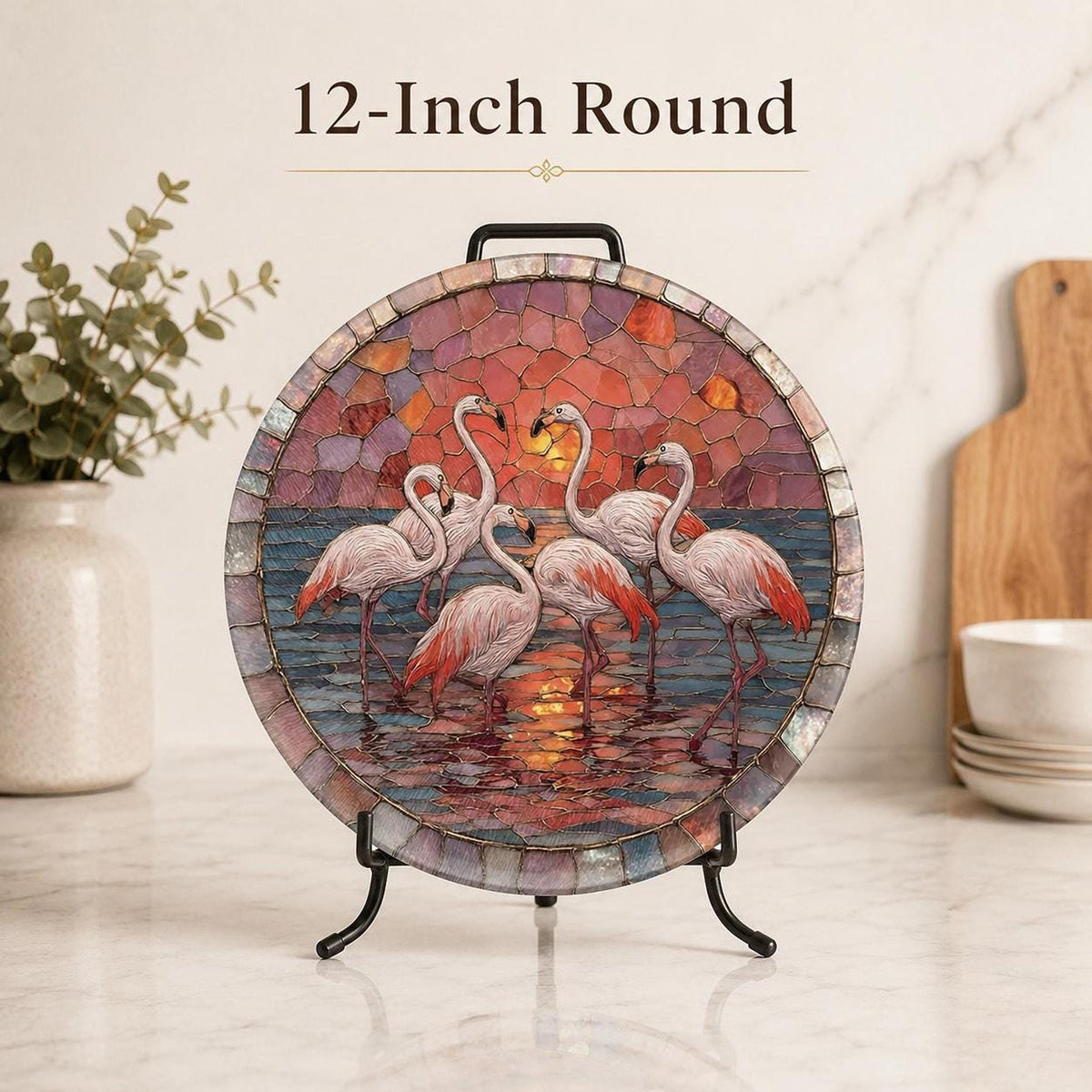 Flamingo Sunset Glass Cutting Board, Round Tempered Charcuterie Tray