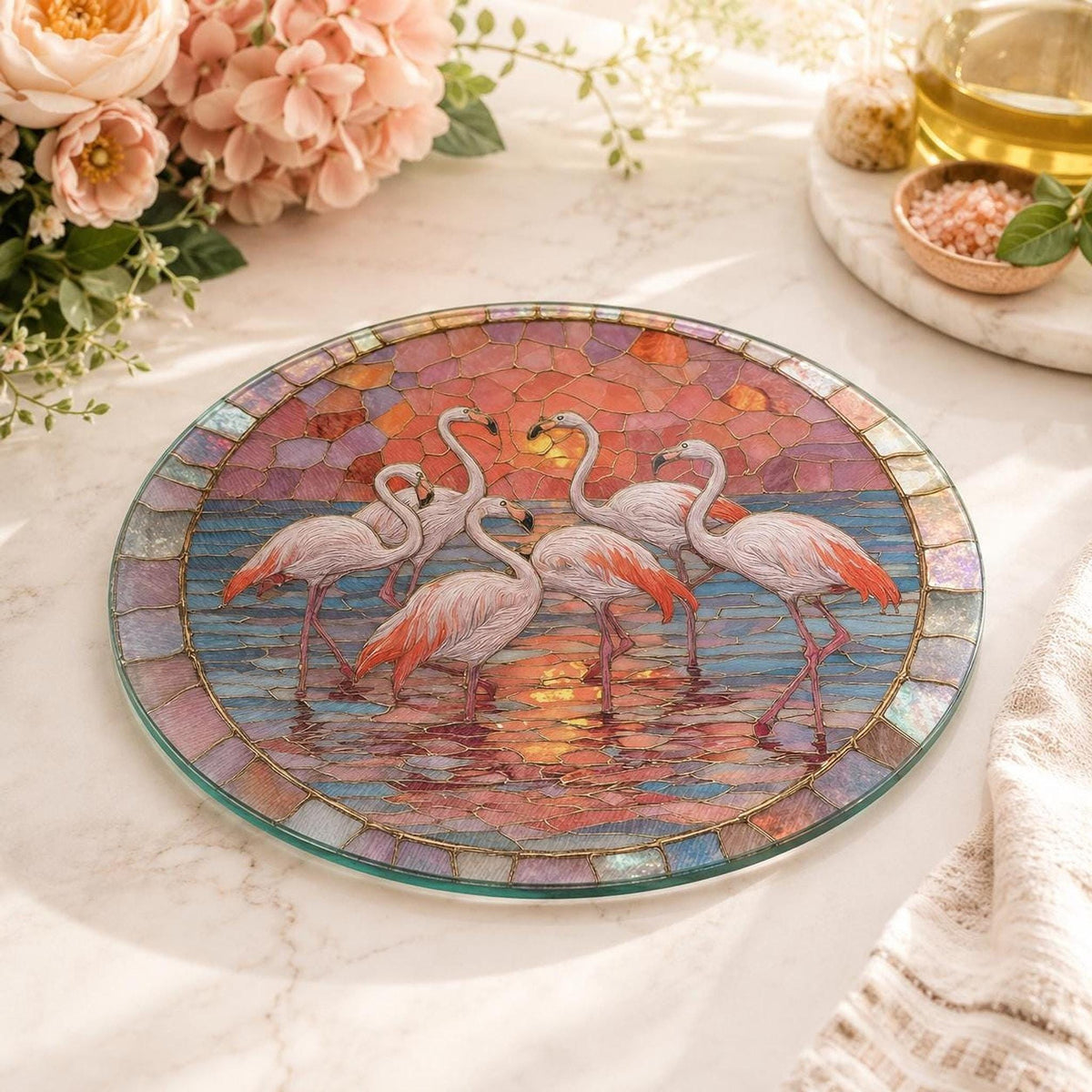 Flamingo Sunset Glass Cutting Board, Round Tempered Charcuterie Tray