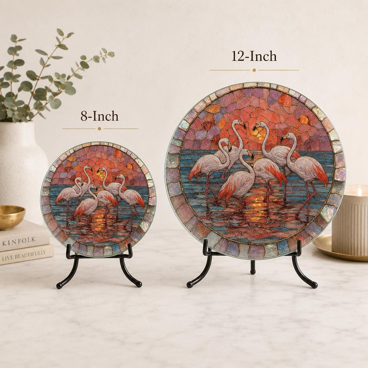 Flamingo Sunset Glass Cutting Board, Round Tempered Charcuterie Tray