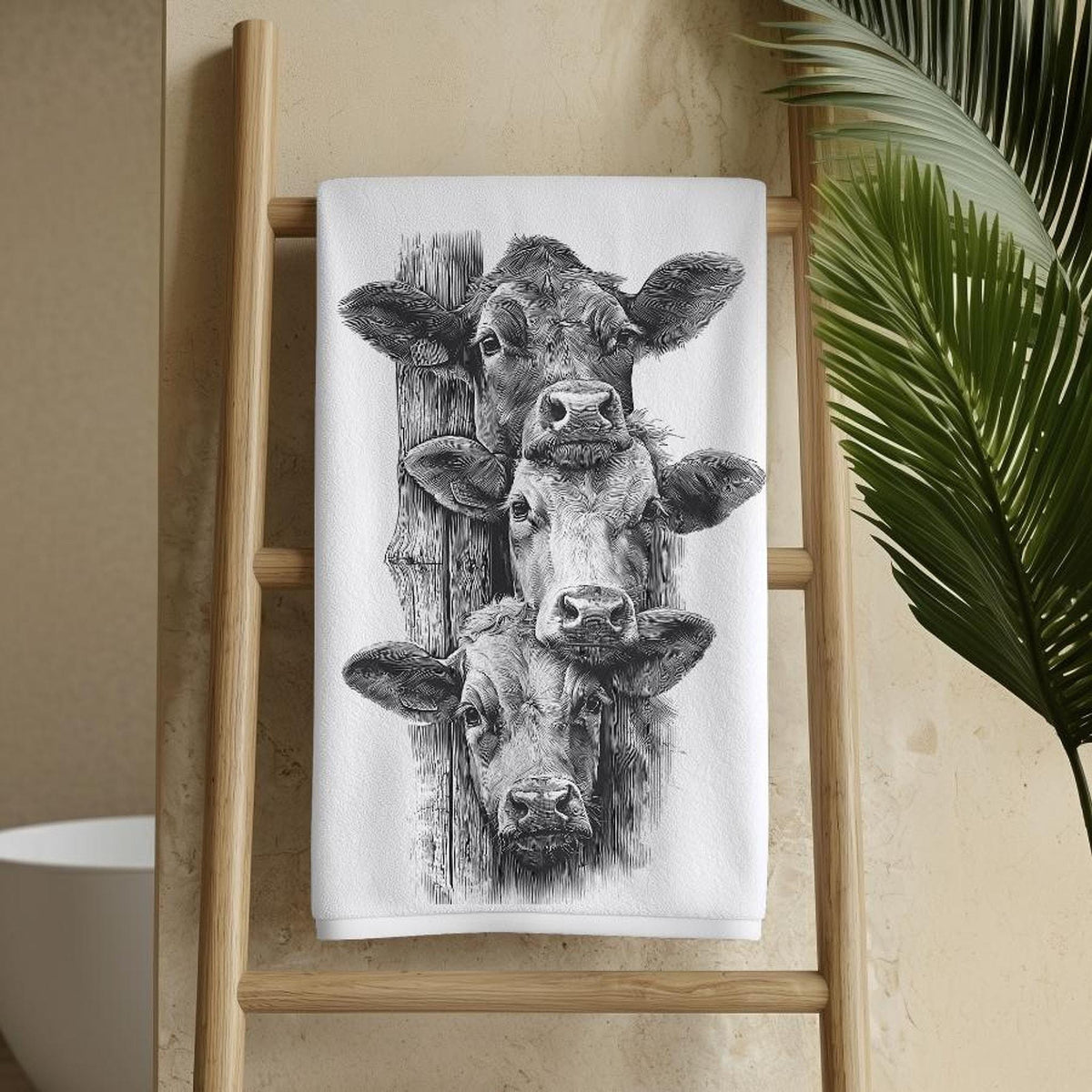 Cow Hand Towel, Rustic Farmhouse Decor with Black and White Cattle Illustration