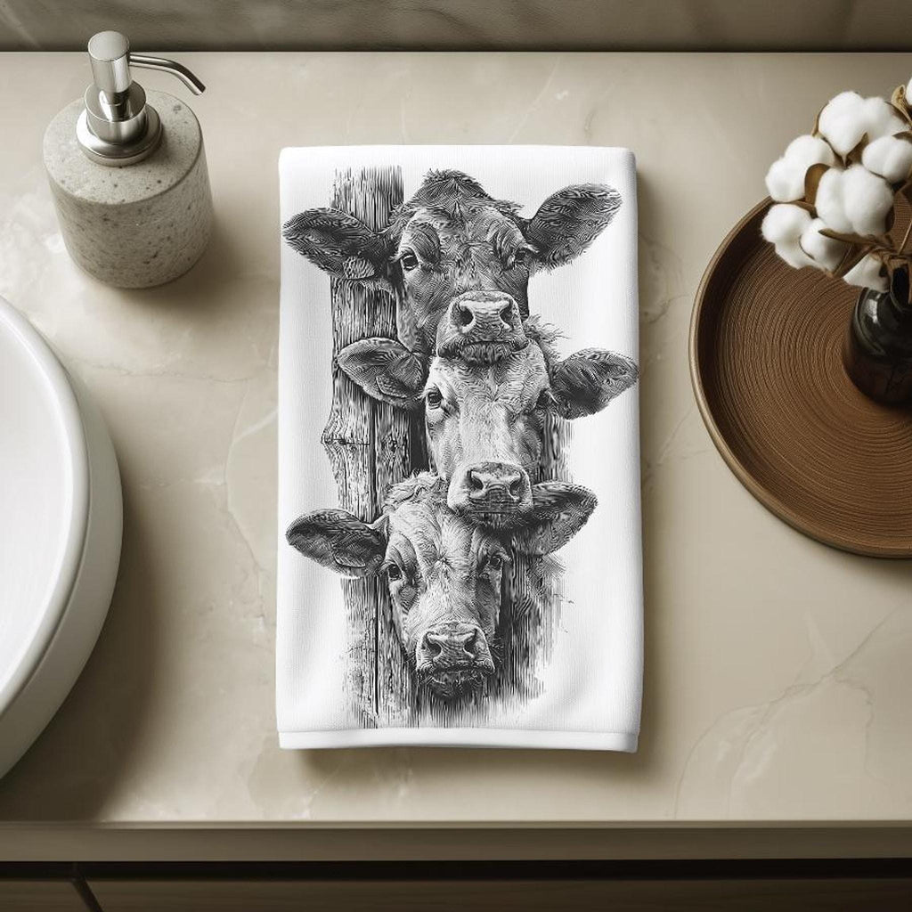 Cow Hand Towel, Rustic Farmhouse Decor with Black and White Cattle Illustration