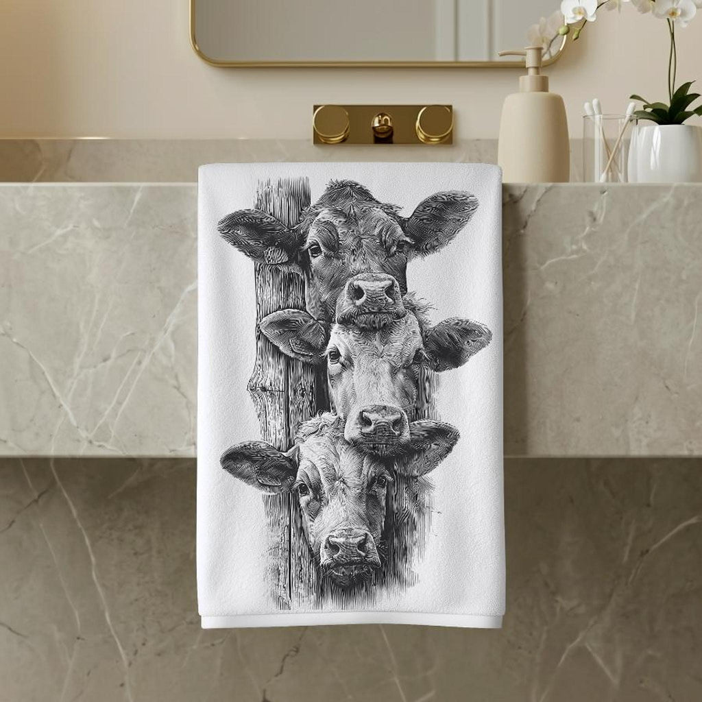 Cow Hand Towel, Rustic Farmhouse Decor with Black and White Cattle Illustration
