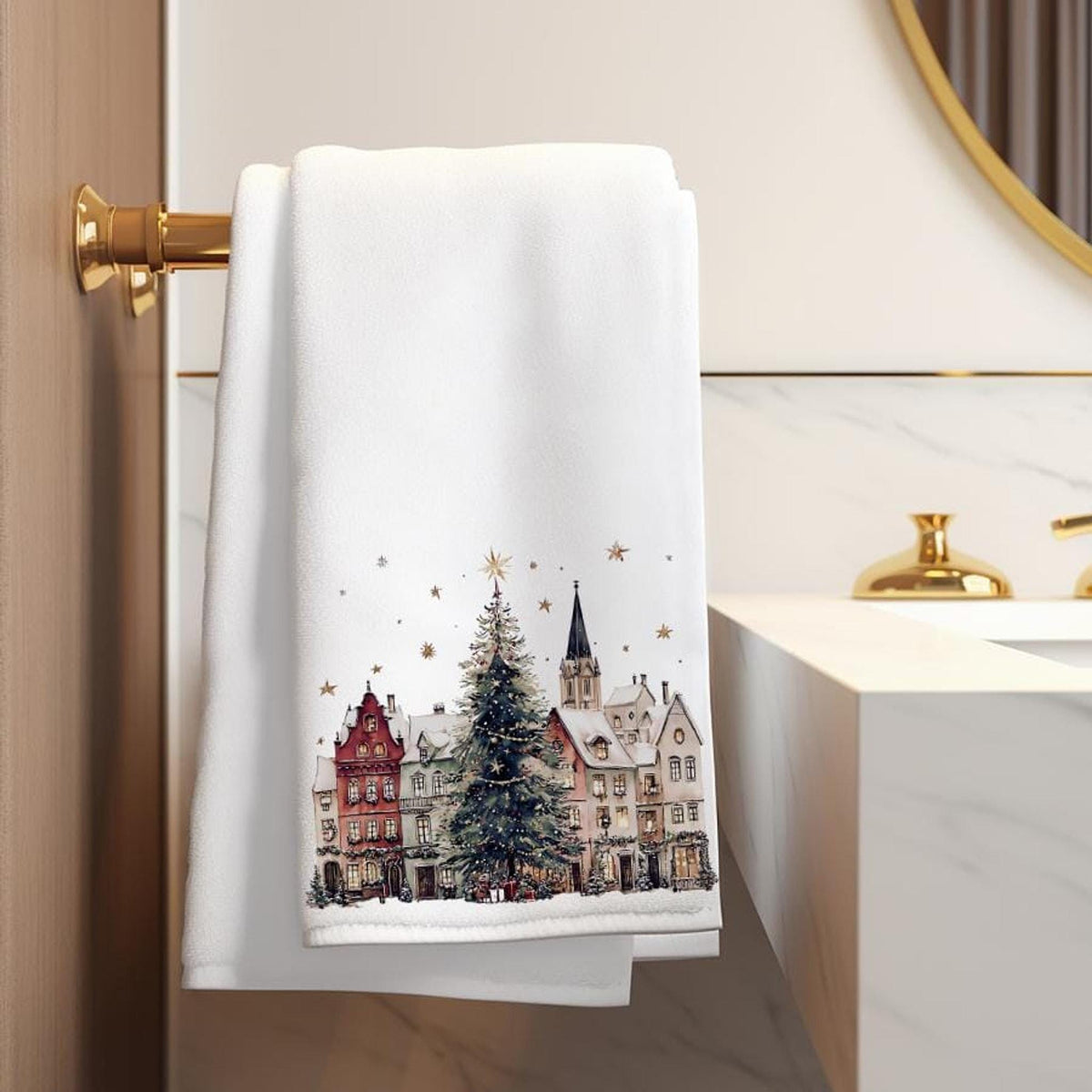 Christmas Bath Towel with Snowy Village Design, 24 x 42 Inches