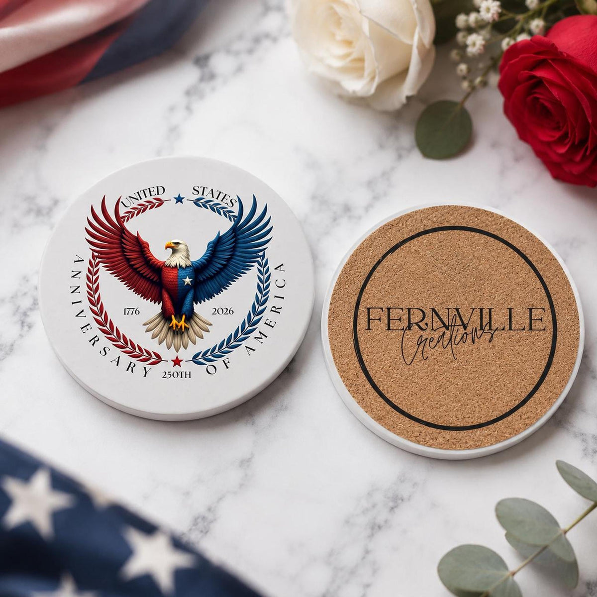 America 250th Ceramic Coaster, Patriotic Eagle Design for Commemorative Celebrations