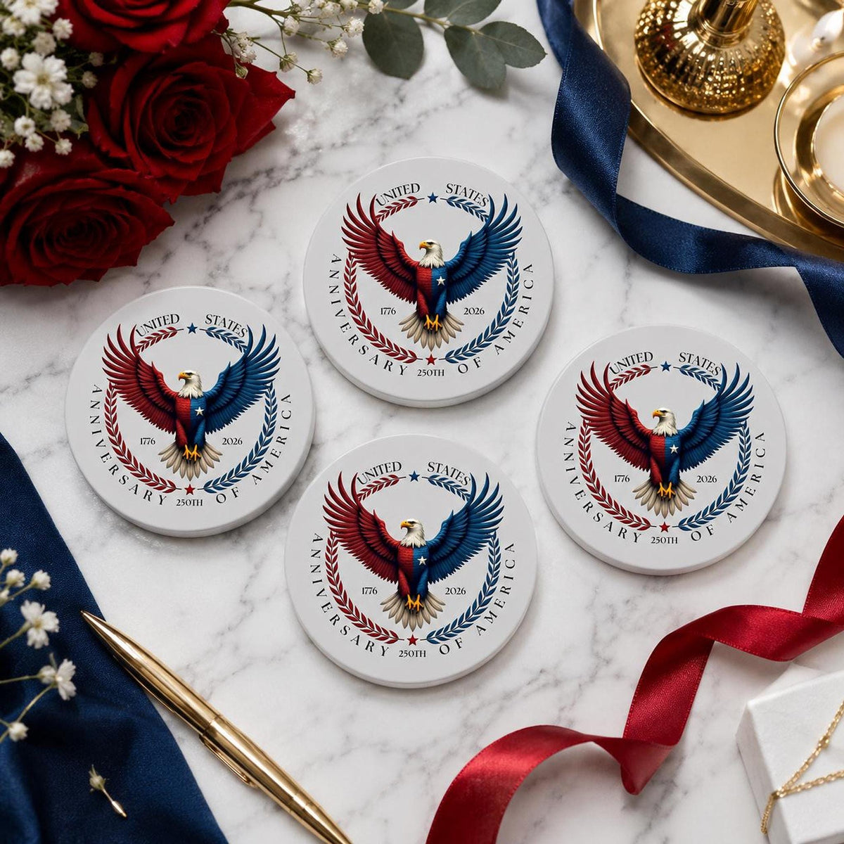 America 250th Ceramic Coaster, Patriotic Eagle Design for Commemorative Celebrations