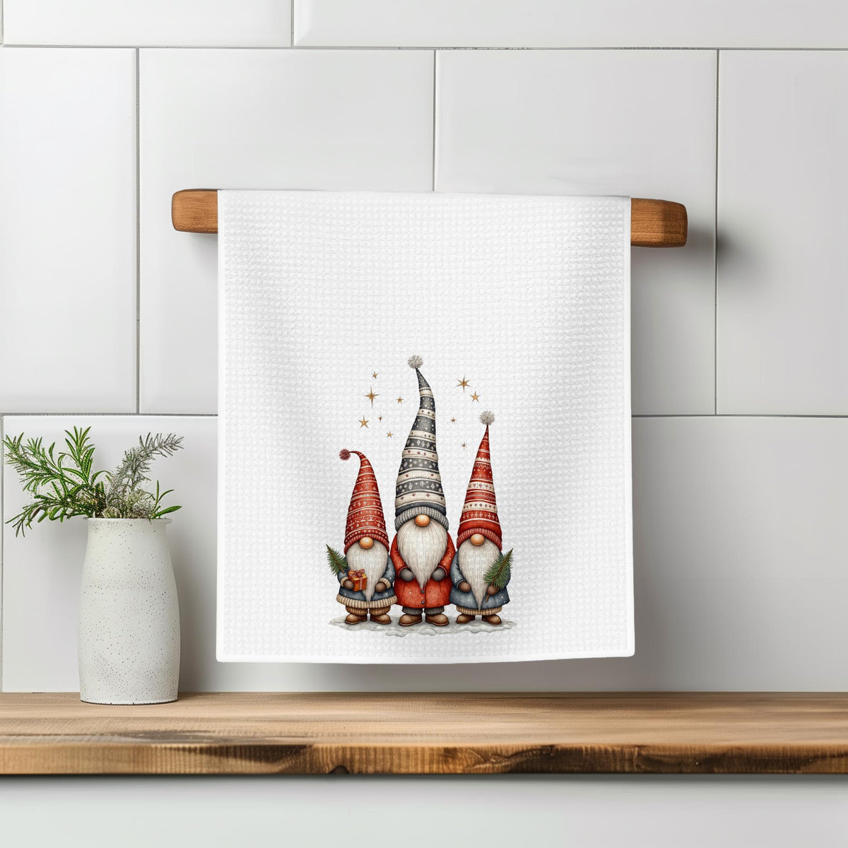Gnome Holiday Towel, Festive Waffle Dish with Custom Wording