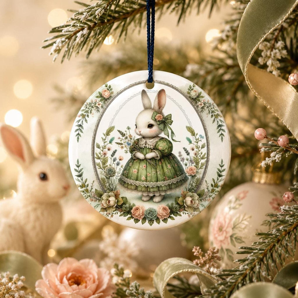 Rabbit Ornament, Vintage Bunny Ceramic Keepsake with Floral Design